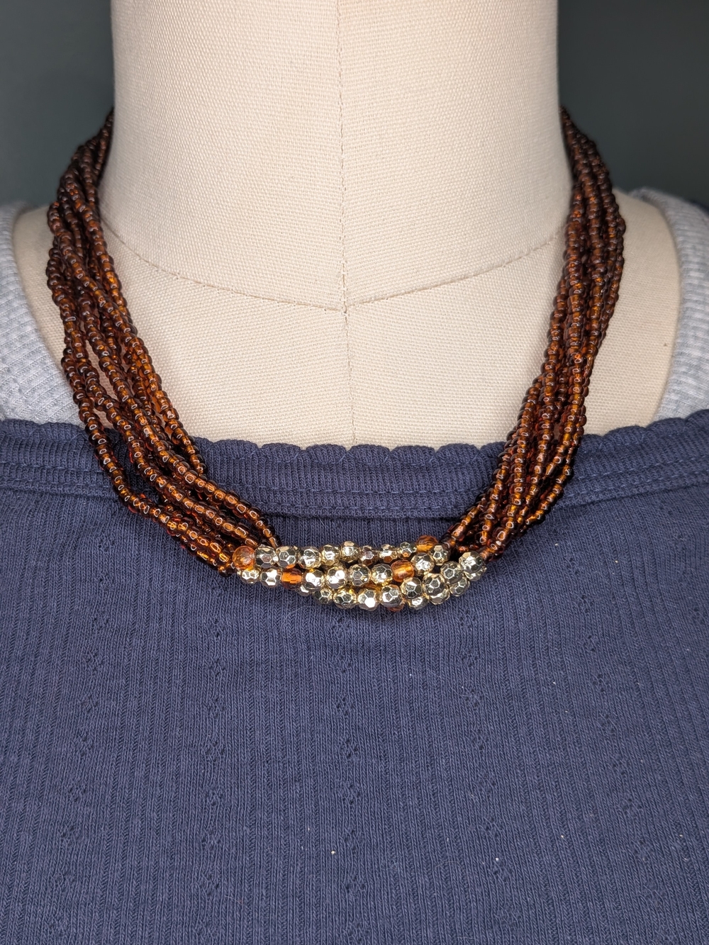 Vintage Amber Glass Seed Bead Multi Strand Statement Necklace Gold Crystal